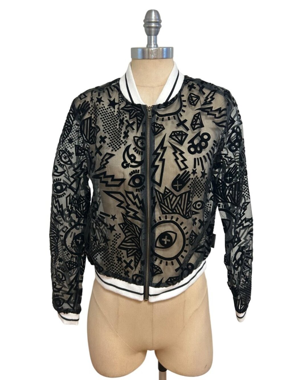 Reebok Studio Womens D Jacket NWT Sheer Black & Coal Graphic Print Bomber Small